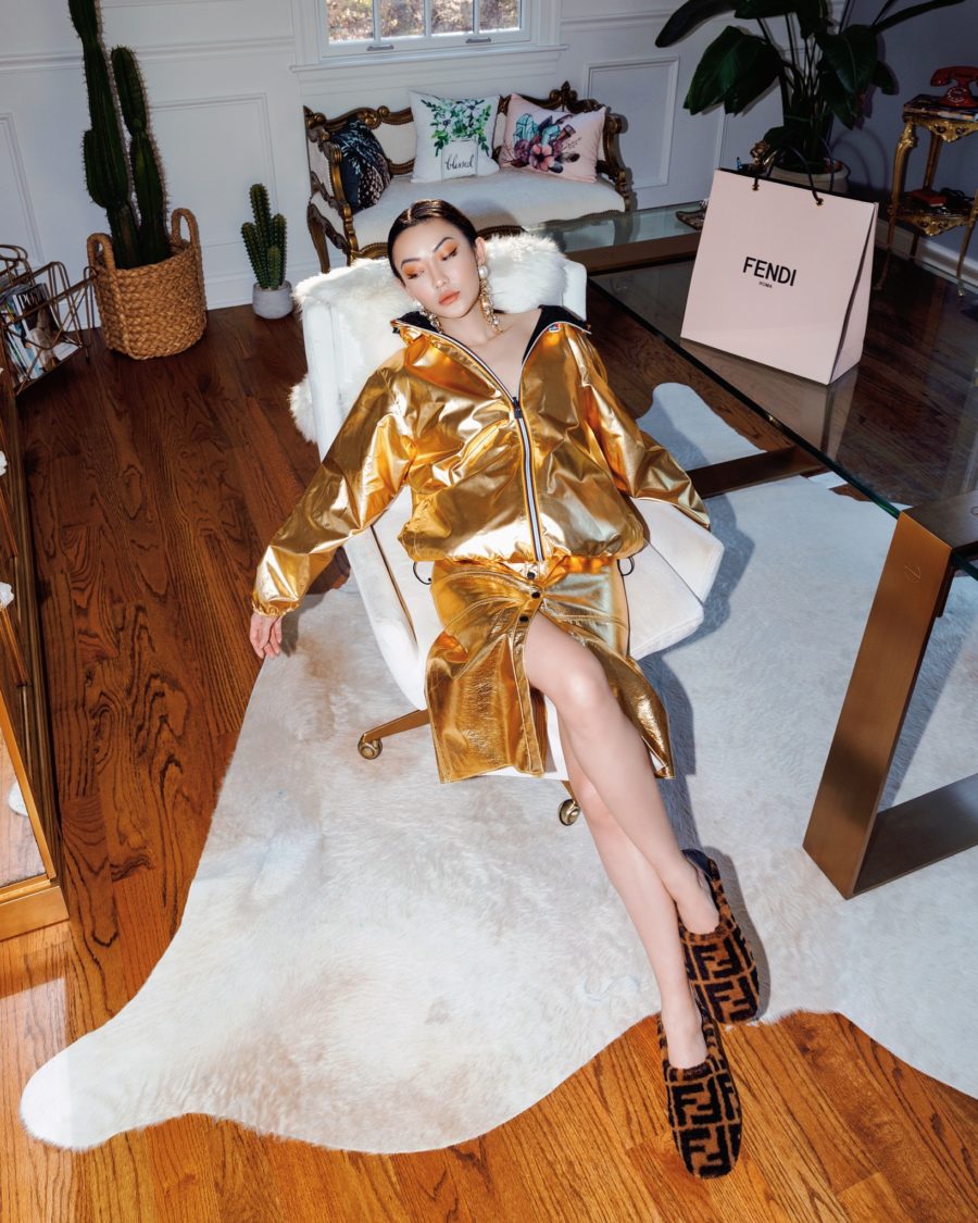 jessica wang wearing a gold fendi outfit in her home office // jessica wang - Notjessfashion.com