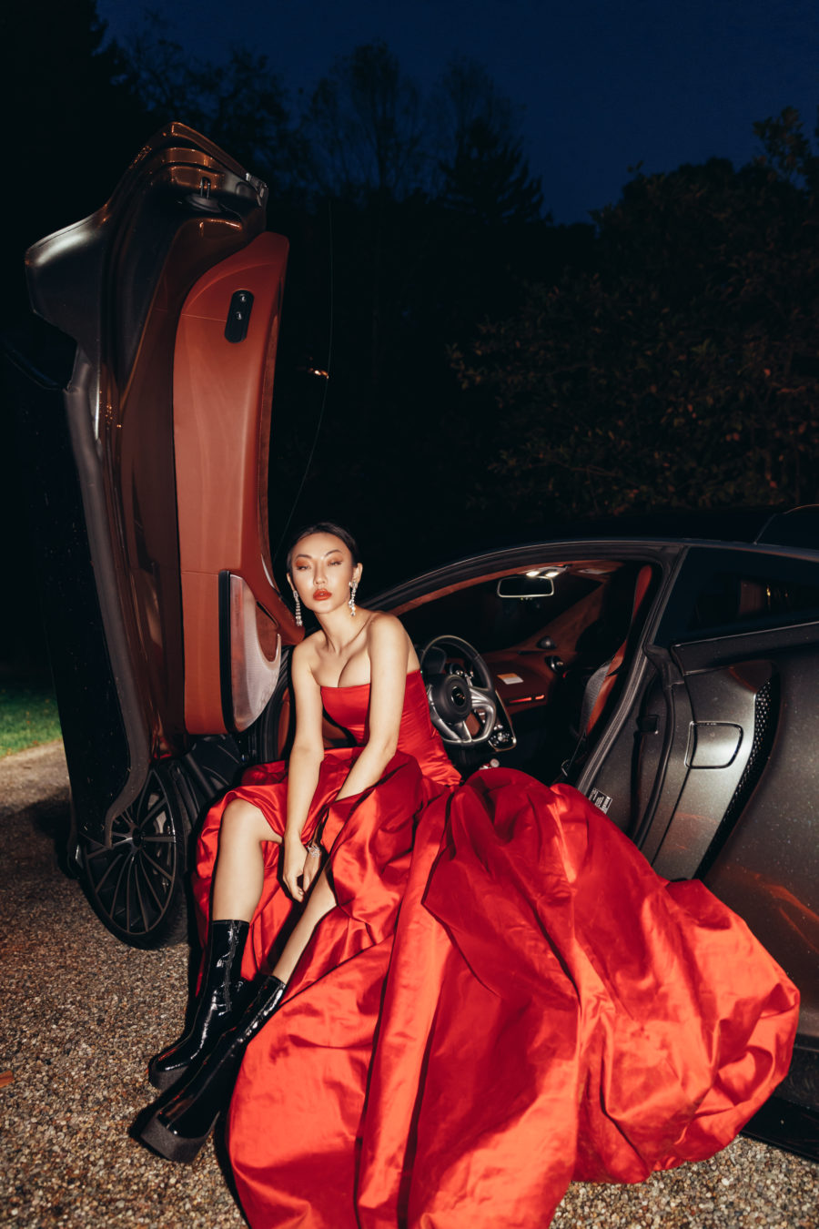 Jessica Wang wearing a red couture gown with lug sole boots // Jessica Wang - Notjessfashion.com