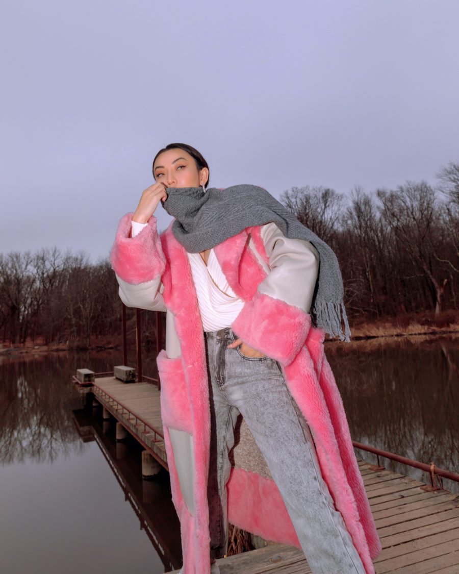 jessica wang wears a pink shearling coat by too cool for fur while sharing how to layer for winter // Jessica Wang - Notjessfashion.com