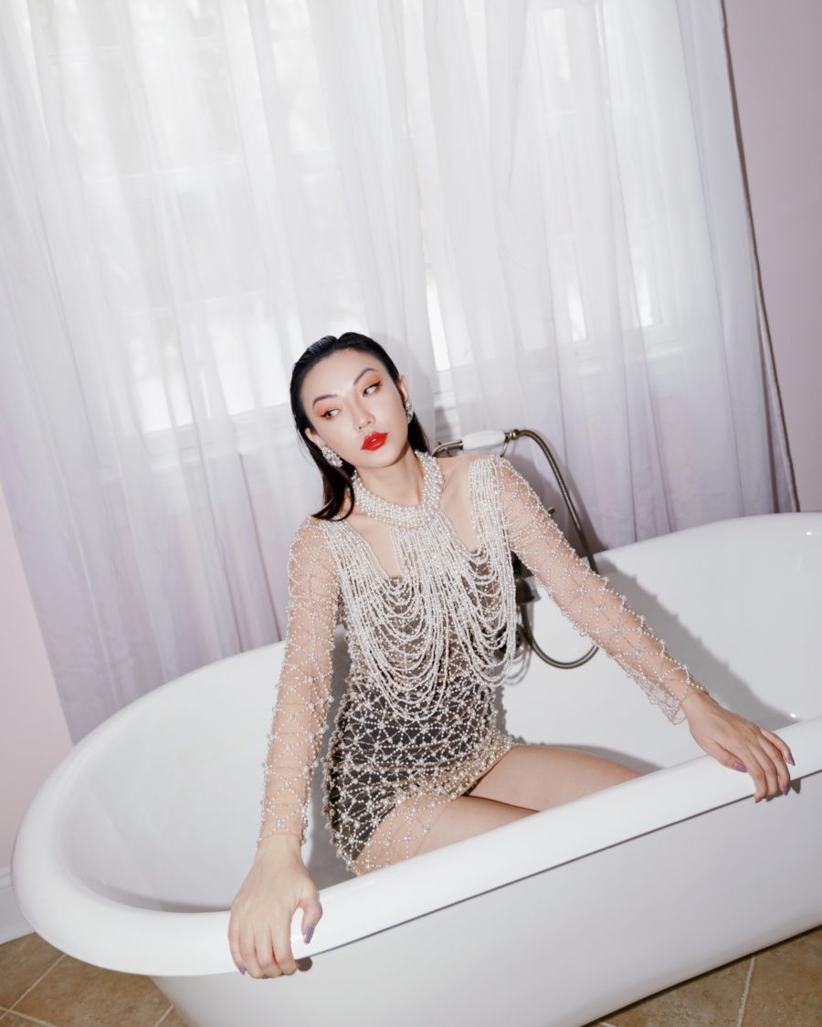 jessica wang wearing a beaded dress in the bath tub // Jessica Wang - Notjessfashion.com