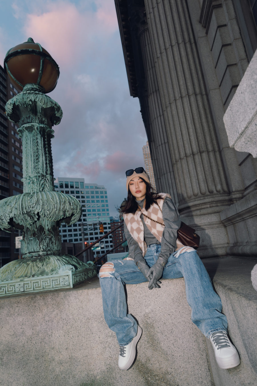 jessica wang wearing trendy fashion with a check vest baggy jeans and p448 platform sneakers // Jessica Wang - Notjessfashion.com