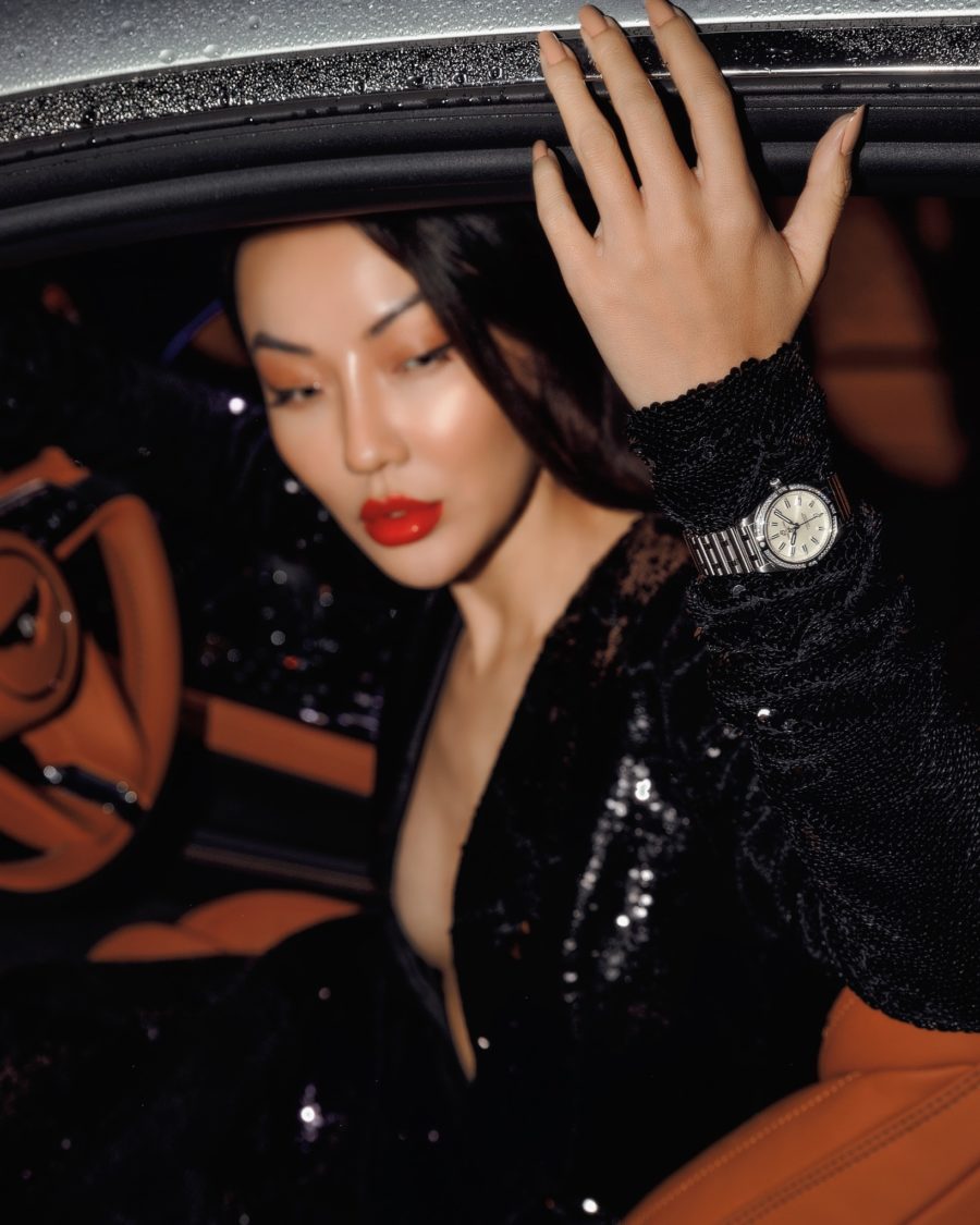 jessica wang wearing a black plunging neck sequin dress with an elegant watch while sharing what spring accessories to wear for 2021, elegant watches // Jessica Wang - Notjessfashion.com