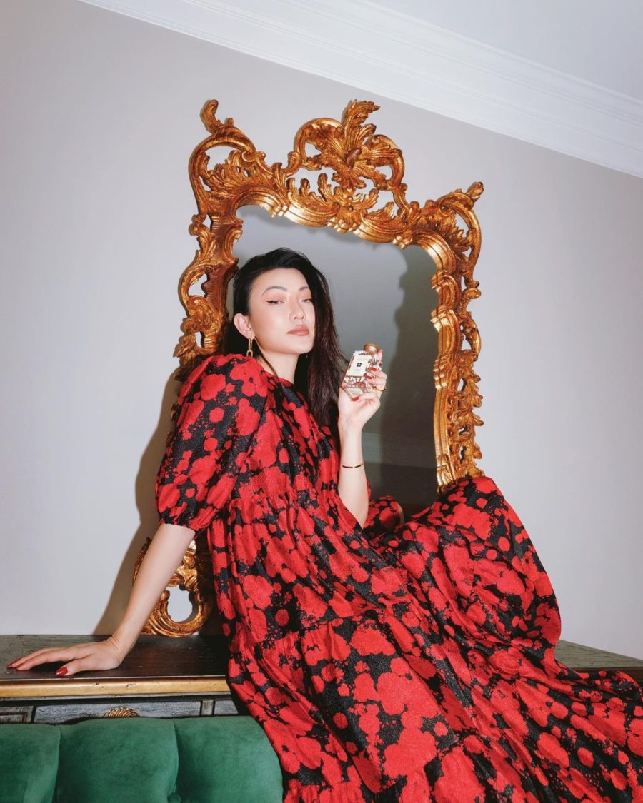 jessica wang wearing a modern lunar new year look with a printed red maxi dress // Jessica Wang - Notjessfashion.com
