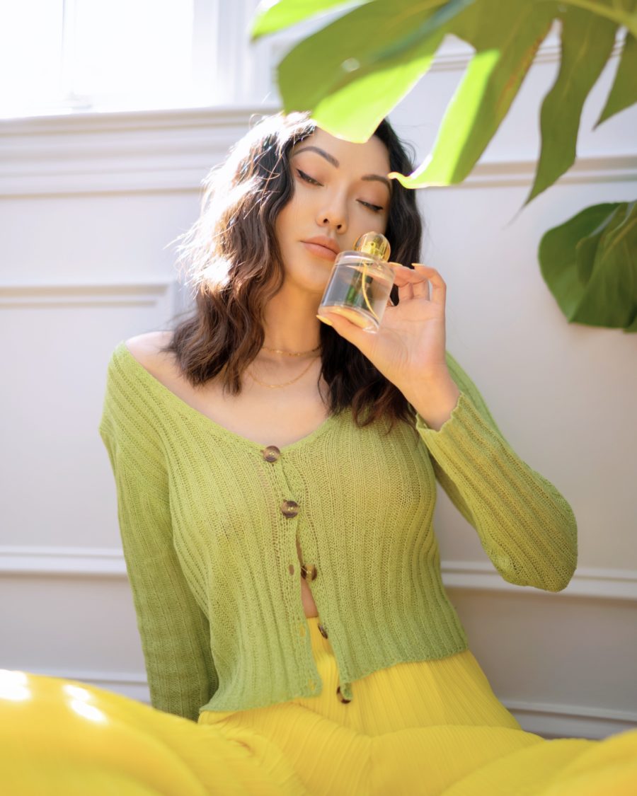 jessica wang wearing a green cardigan with yellow pants while sharing her favorite amazon home finds // Jessica Wang - Notjessfashion.com