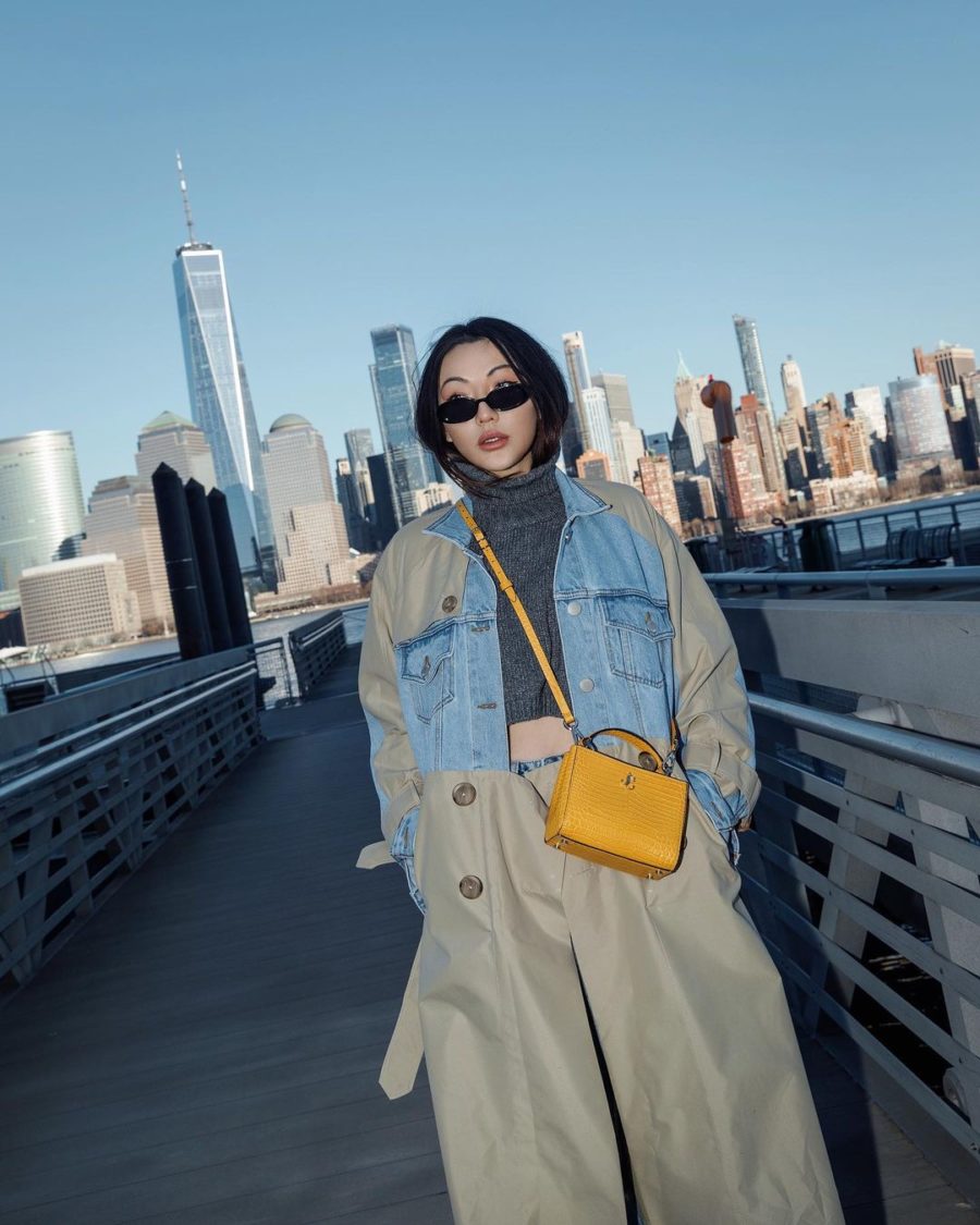 jessica wang wearing a two tone jacket, cropped sweater, and khaki pants with buttons while sharing contemporary sunglasses to wear as spring accessories for 2021, contemporary sunglasses // Jessica Wang - Notjessfashion.com