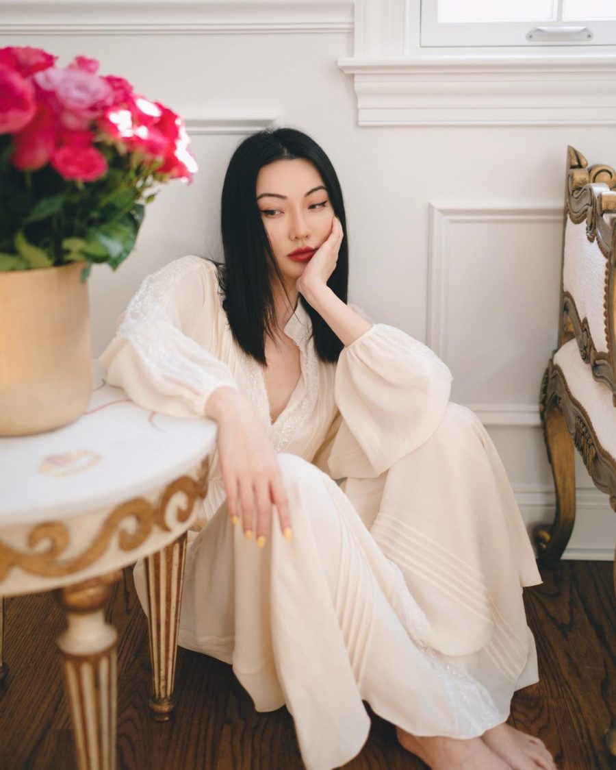 jessica wang wearing an ivory Giambattista Valli maxi dress for a comfortable spring outfit // Jessica Wang - Notjessfashion.com