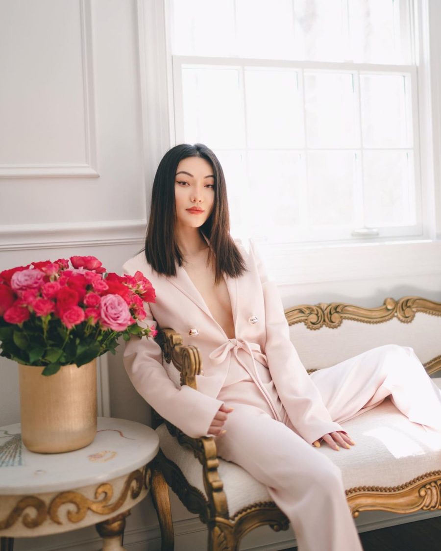 jessica wang wearing a pink pastel tie blazer with matching pants while sharing casual spring suits for women // Jessica Wang - Notjessfashion.com