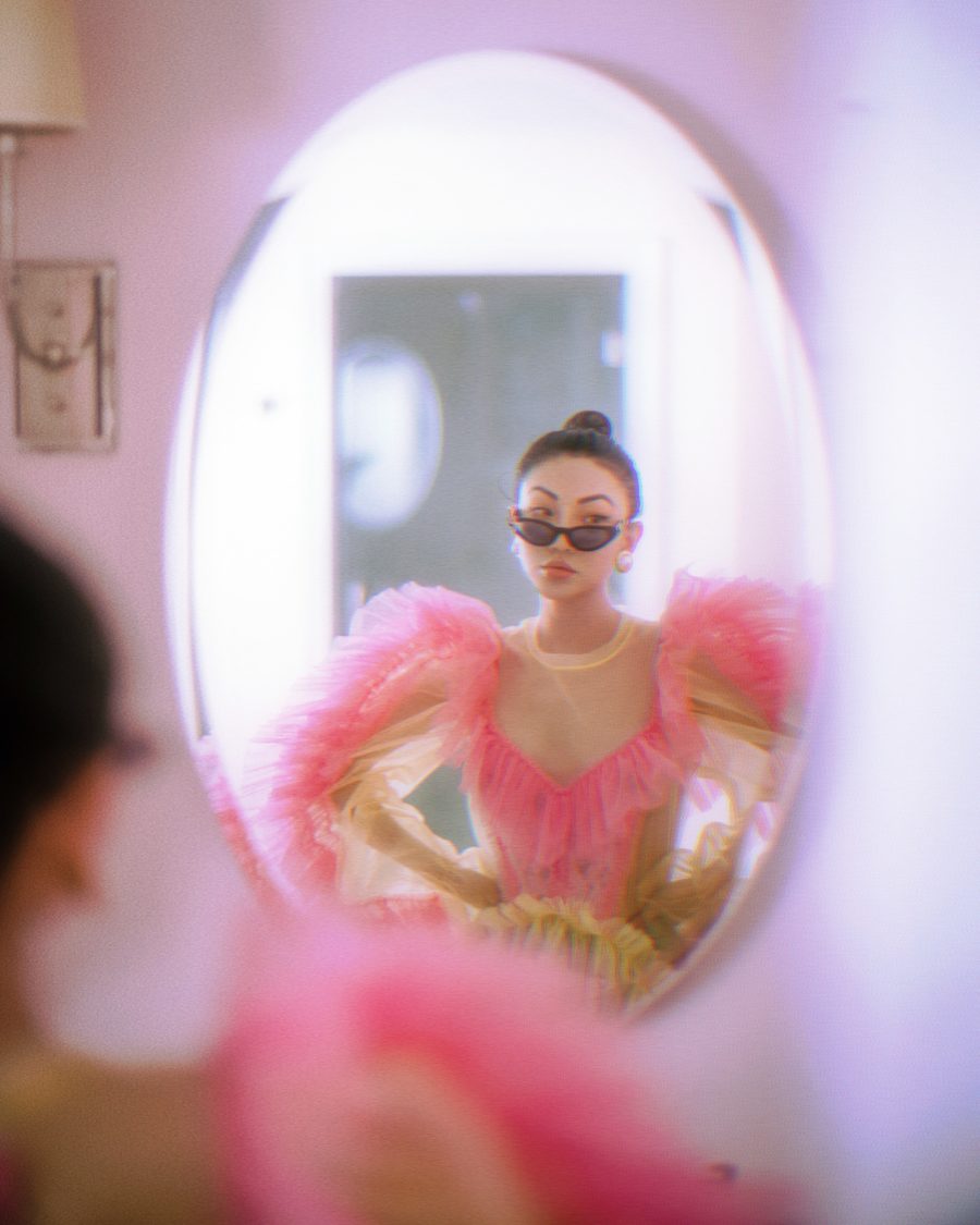 jessica wang wearing a pink dress in the mirror and sharing instagram hacks for 2021 // Jessica Wang - Notjessfashion.com