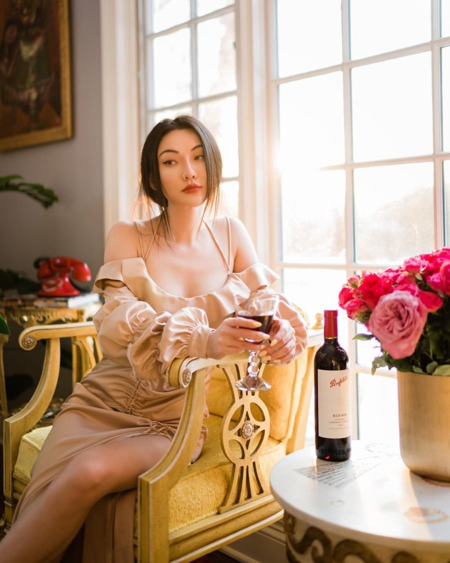 jessica wang wearing off the shoulder ruffle dress while sharing her must-have lingerie brands // Jessica Wang - Notjessfashion.com