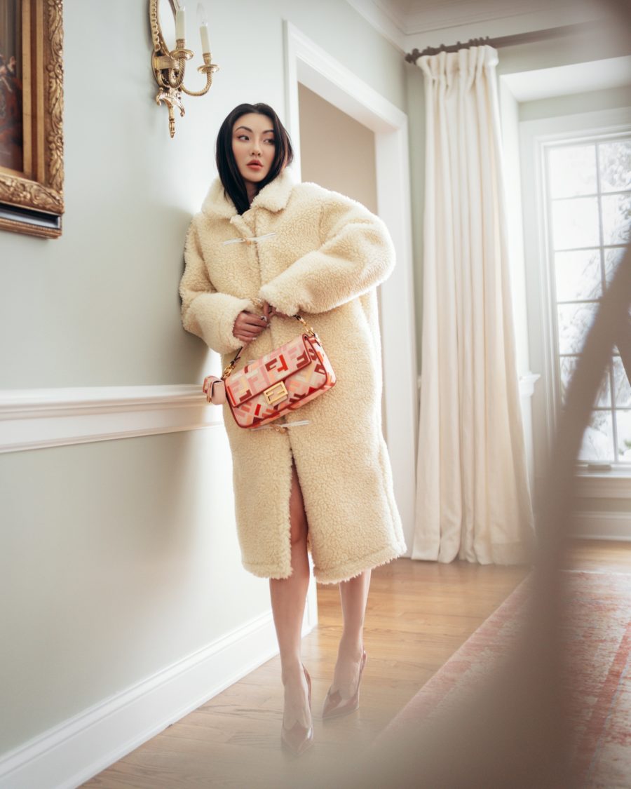 jessica wang wearing a cream teddy coat with a fendi bag while sharing her nordstrom anniversary sale 2021 picks // Jessica Wang - Notjessfashion.com