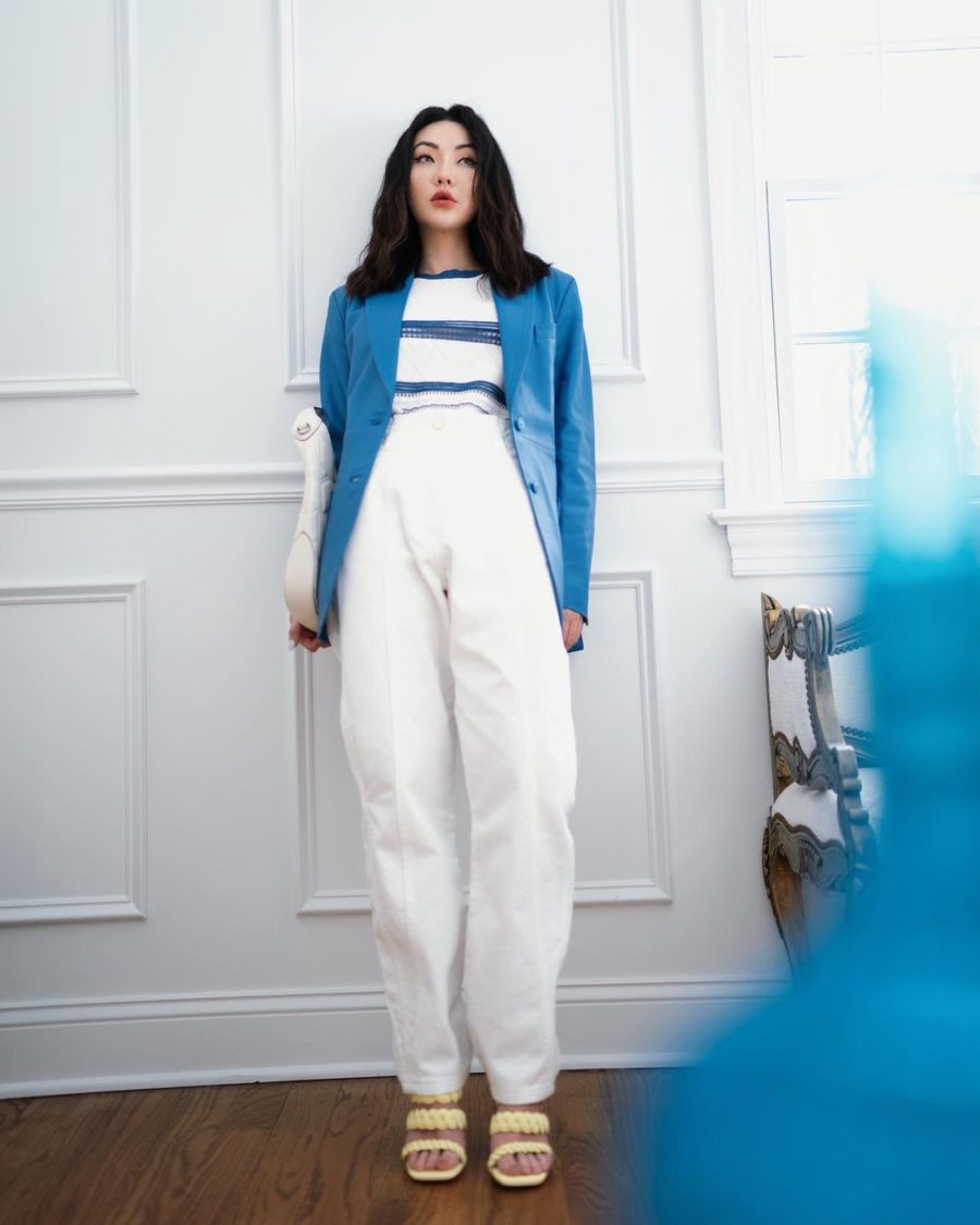 jessica wang wearing a blue blazer with white high waisted trousers and yellow slides // Jessica Wang - Notjessfashion.com