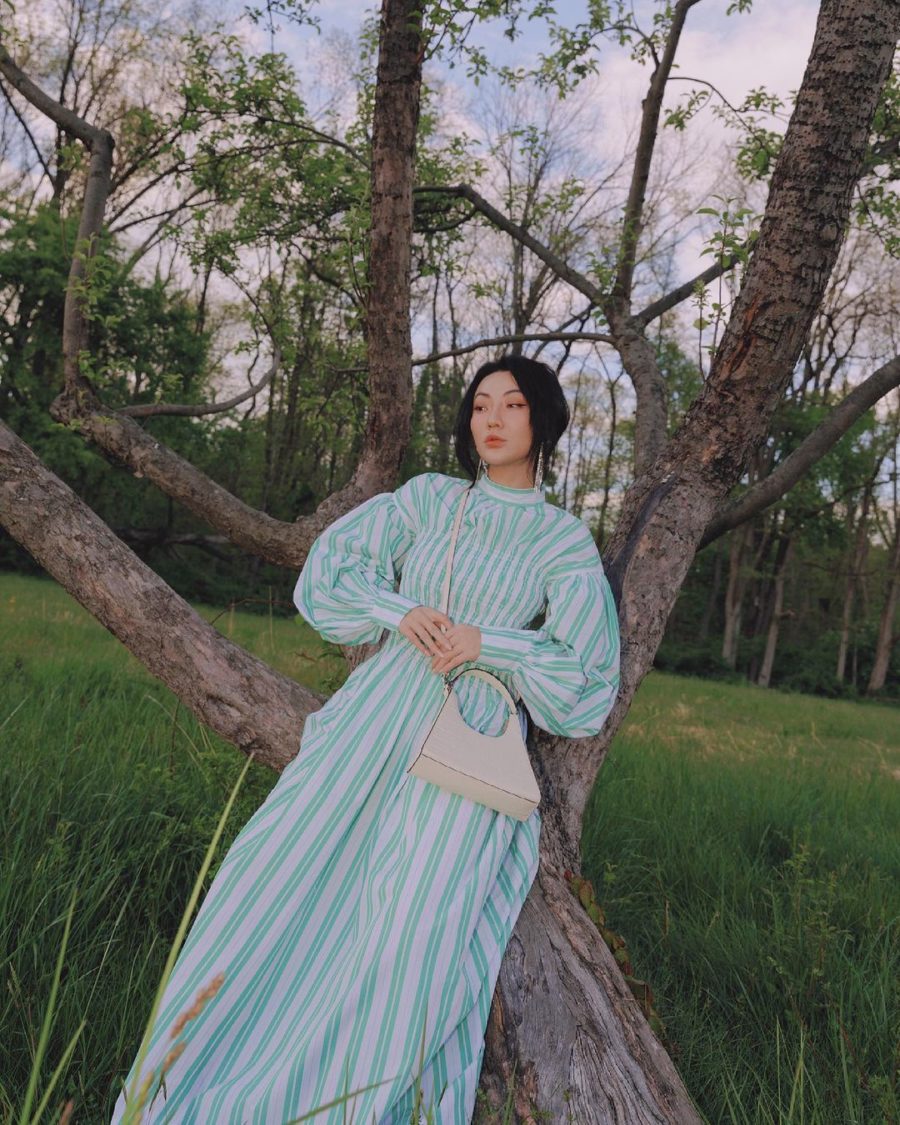 Jessica Wang wearing a striped cottagecore dress while sharing emerging fashion brands // Jessica Wang - Notjessfashion.com
