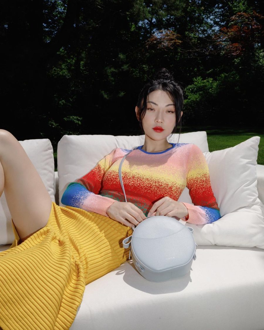jessica wang wearing striped top with a rib knit skirt and a circa bag while sharing her dermstore anniversary sale skincare picks // Jessica Wang - Notjessfashion.com