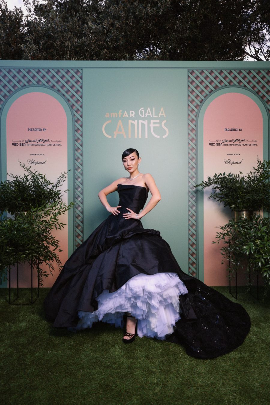 jessica wang wearing a black strapless, a line tulle dress featuring Nicolas Jebran at the cannes film festival 2021 // Jessica Wang - Notjessfashion.com