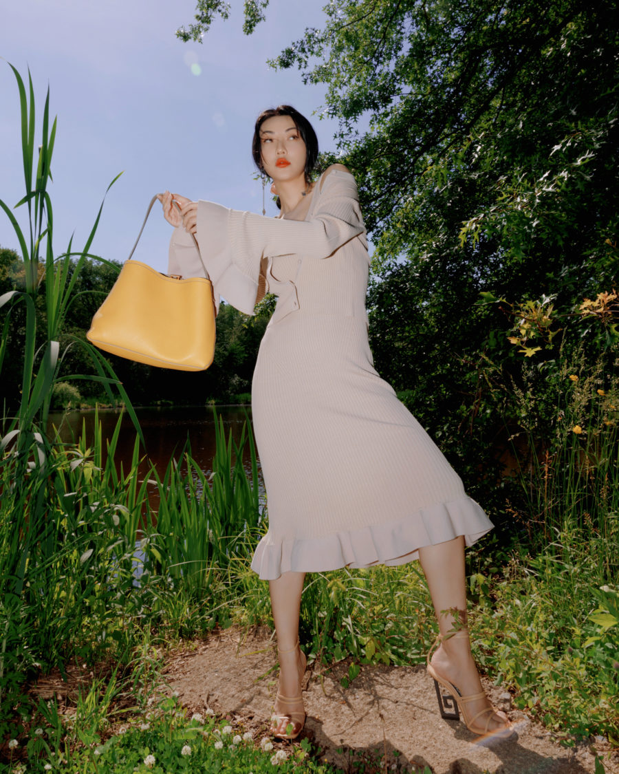 jessica wang wearing a beige altuzarra rib knit cardigan and flounce midi dress while sharing summer sales // Jessica Wang - Notjessfashion.com