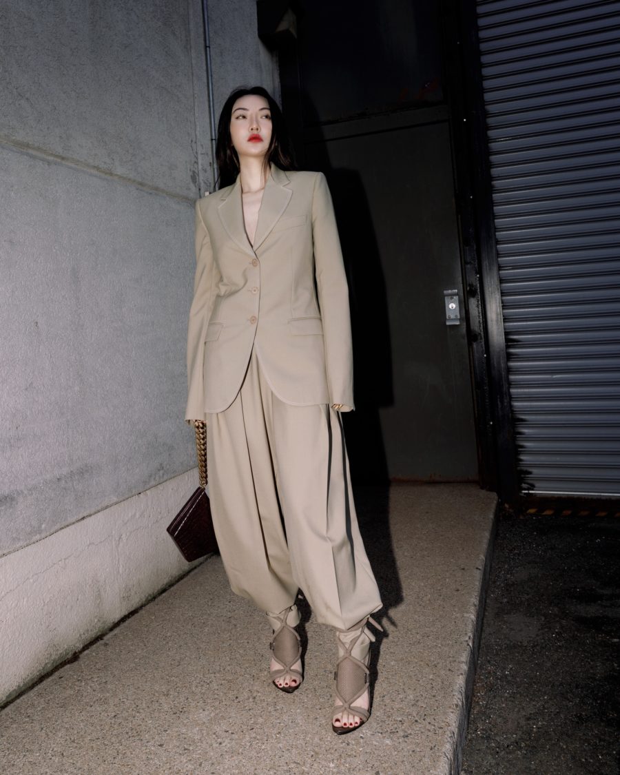 jessica wang wearing a beige blazer and beige trousers featuring stella mccartney while sharing her favorite back to office essentials // Jessica Wang - Notjessfashion.com