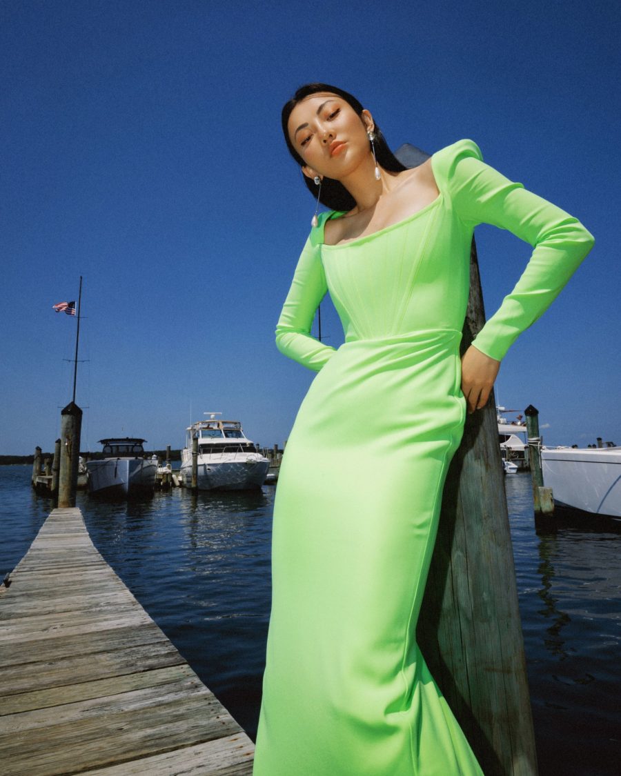 jessica wang wearing a neon green Brant Strong-Shoulder Corset Gown featuring alex perry, crystal fringe sandals, and pearl drop earrings while sharing TikTok fashion trends // Jessica Wang - Notjessfashion.com