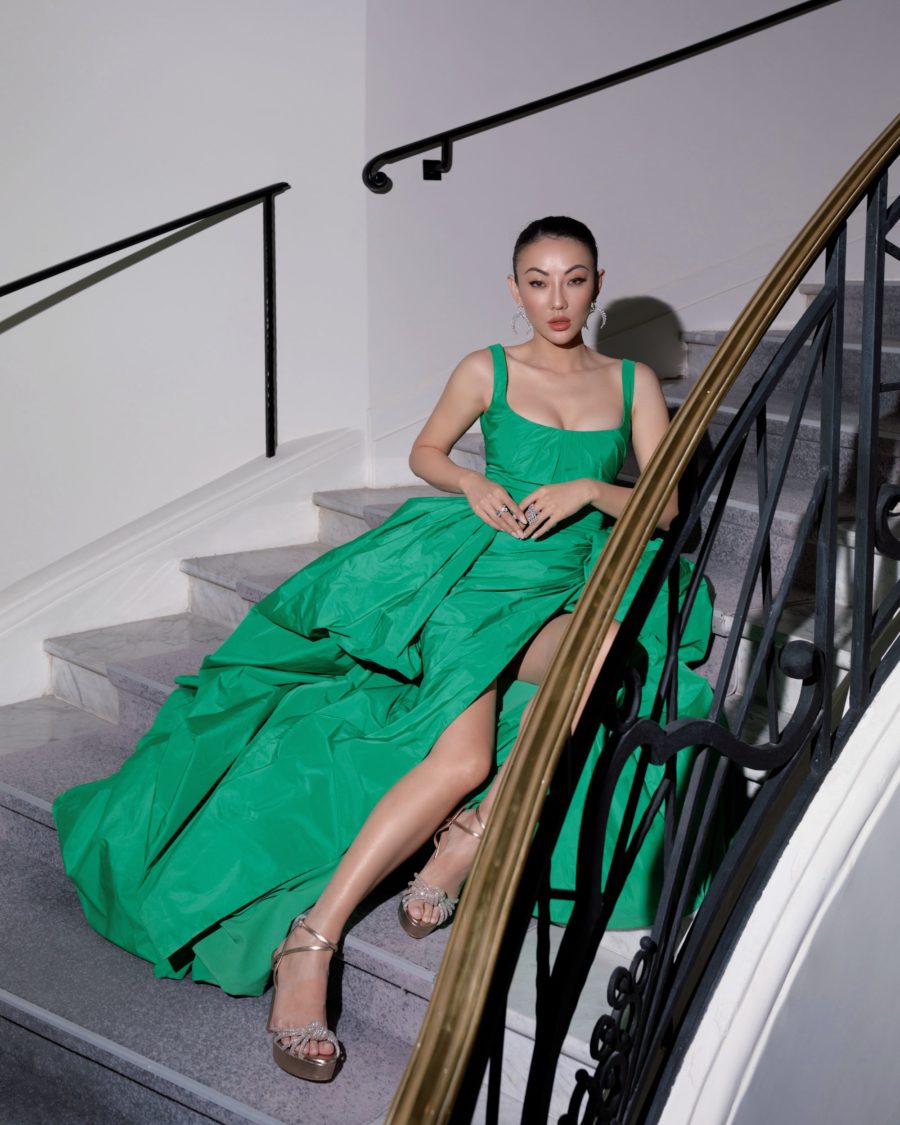Jessica wang wearing a green draped taffeta gown with overskirt featuring zuhair murad, aquazzure knotted sandals, and messika jewelry while sharing her dermstore anniversary sale picks // Jessica Wang - Notjessfashion.com