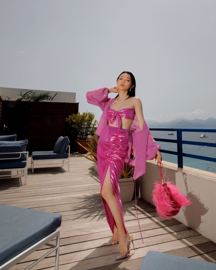jessica wang wearing an end of summer outfit featuring a Blusa Vittoria Fuxia featuring antonella rizza fuschia silk wrap blouse, fuschia faux leather bandeau top, fuschia skirt and a pearl necklace // Jessica Wang - Notjessfashion.com