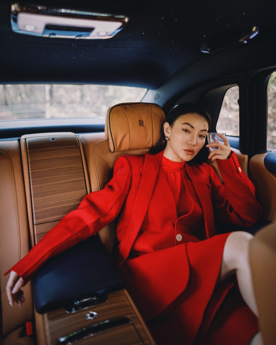Jessica Wang wearing a monochromatic red outfit while sharing tips on how to layer for winter // Jessica Wang - Notjessfashion.com