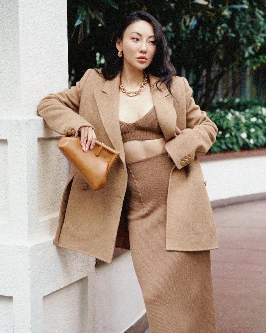 Jessica Wang wearing fall wedding guest outfits featuring a camel sweater set // Jessica Wang - Notjessfashion.com