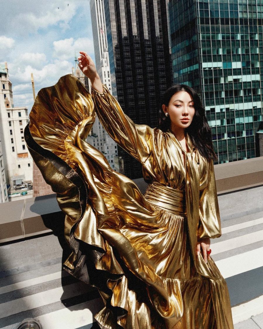 jessica wang wearing spring 22 trends from nyfw featuring a metallic gold dress // Jessica Wang - Notjessfashion.com