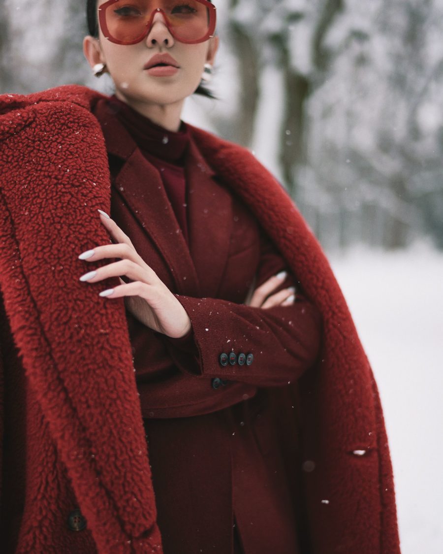Jessica Wang wearing a red sherpa coat with a red blazer and a red top // Jessica Wang - Notjessfashion.com