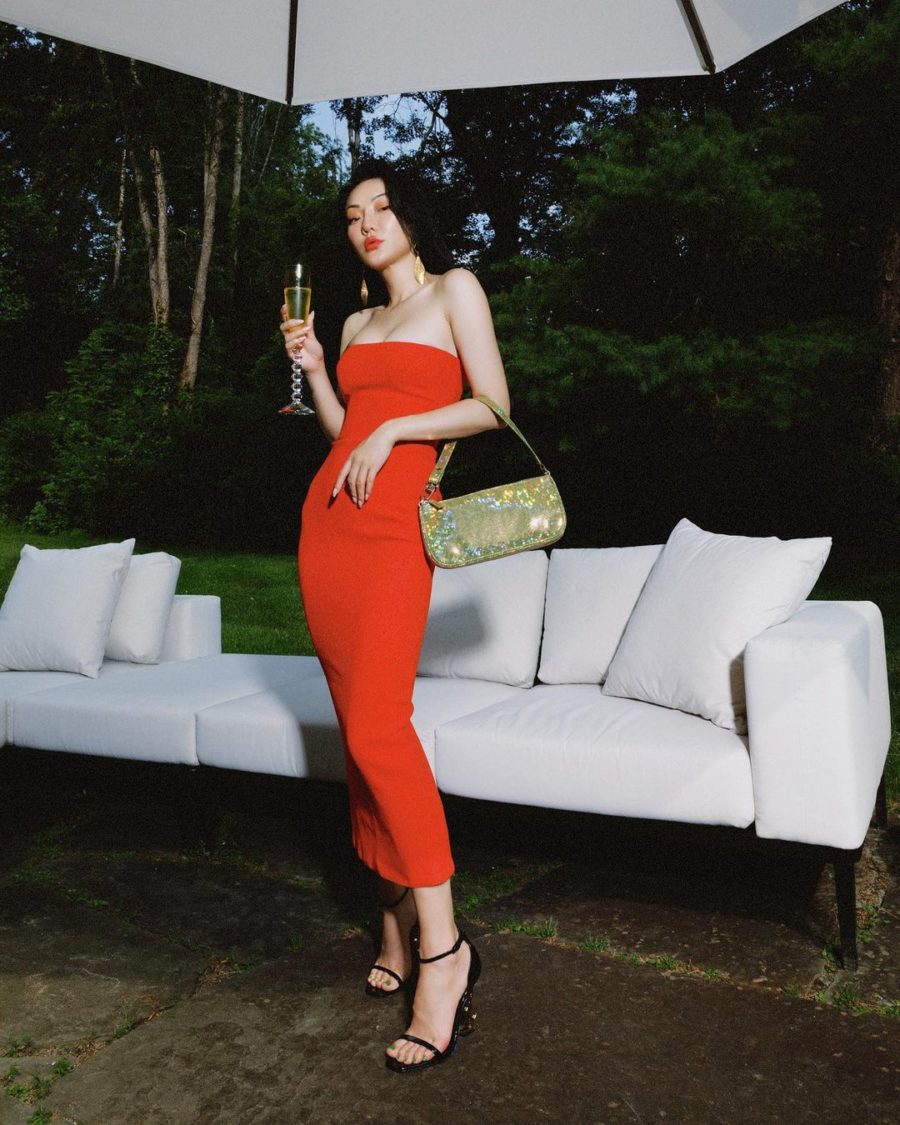 Jessica Wang wearing a red strapless bodycon midi dress and saint laurent opyum sandals with green nail polish while sharing fall 2021 nail colors // Jessica Wang - Notjessfashion.com