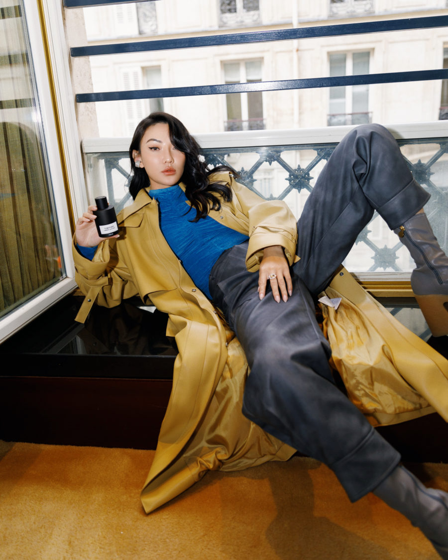 Jessica Wang wearing a trench coat with tom ford ombre leather perfume while sharing her last minute gift ideas for the holidays // Jessica Wang - Notjessfashion.com