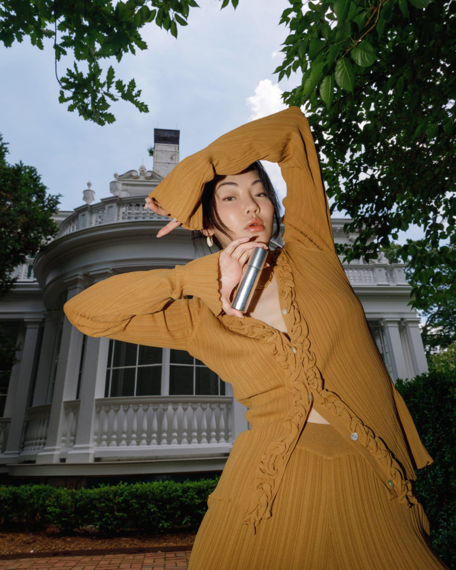 Jessica Wang wearing a tan rib knit set while sharing emerging fashion brands // Jessica Wang - Notjessfashion.com