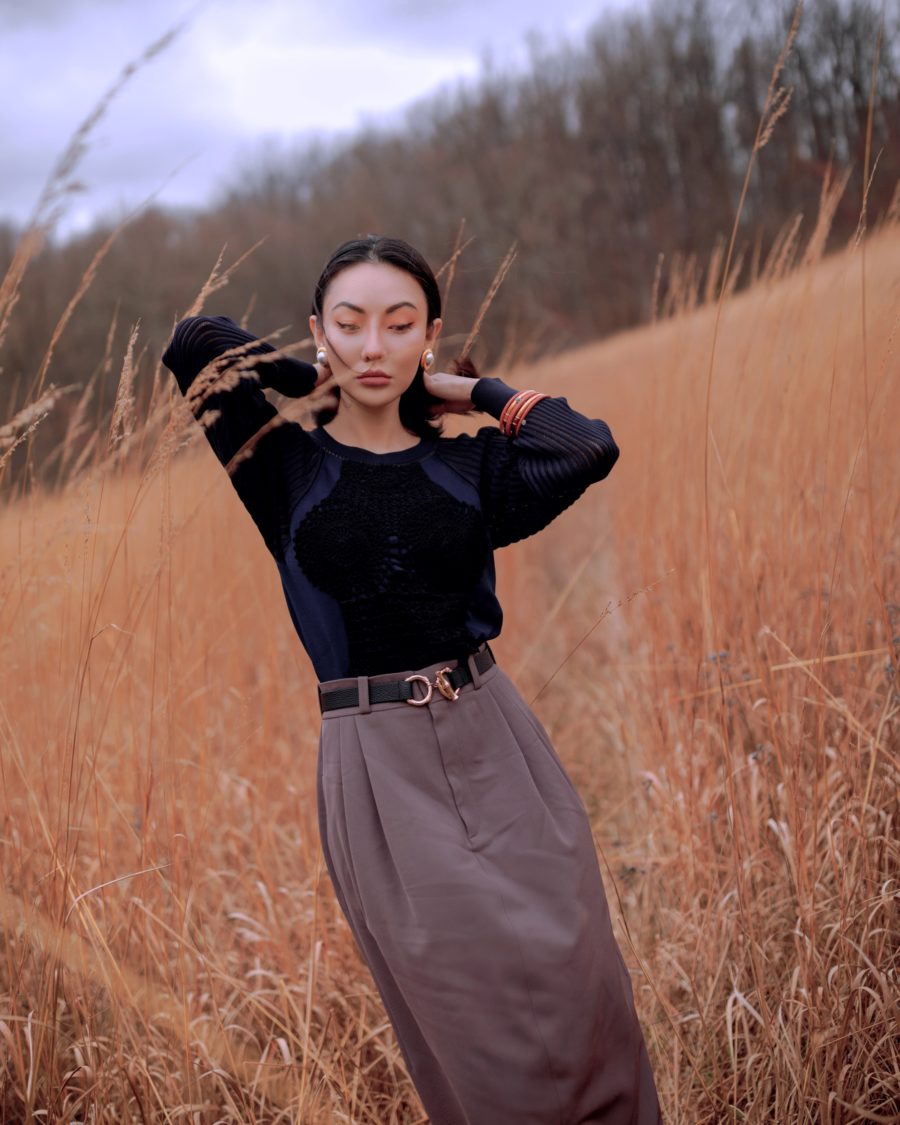 Jessica Wang wearing a black sweater with a midi skirt for family photo outfits // Jessica Wang - Notjessfashion.com