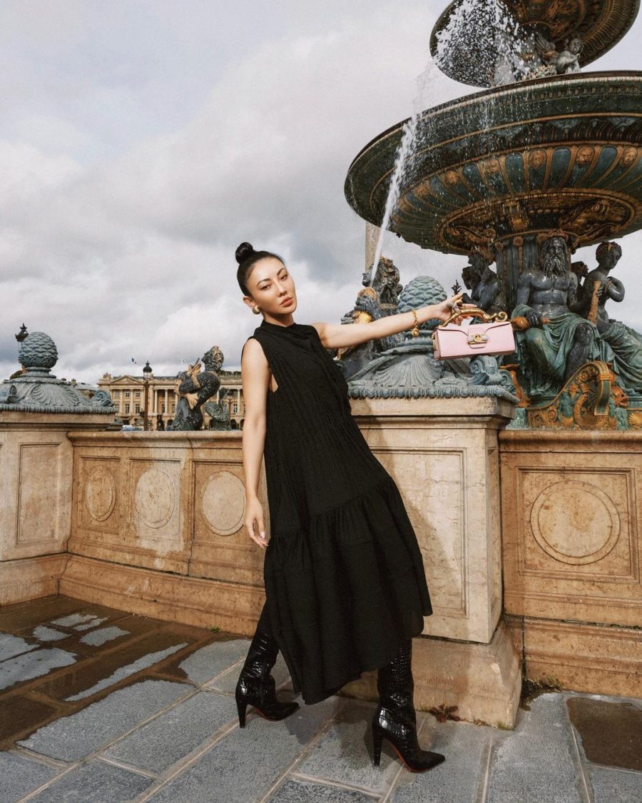 Jessica Wang wearing a black tiered dress and croc embossed boots with a boxy bag while sharing her favorite fall and winter handbags for 2021 // Jessica Wang - Notjessfashion.com