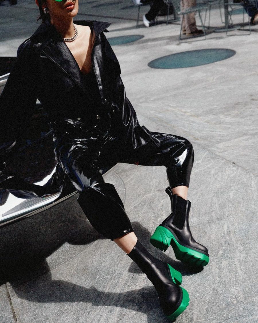 Jessica Wang wearing fall must-haves featuring a cropped leather jacket and leather pants with leather platform chelsea boots by bottega veneta // Jessica Wang - Notjessfashion.com