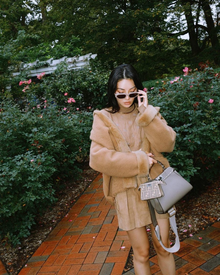 Jessica Wang wearing a neutral outfit for fall featuring corduroy shorts and a fendi bag // Jessica Wang - Notjessfashion.com