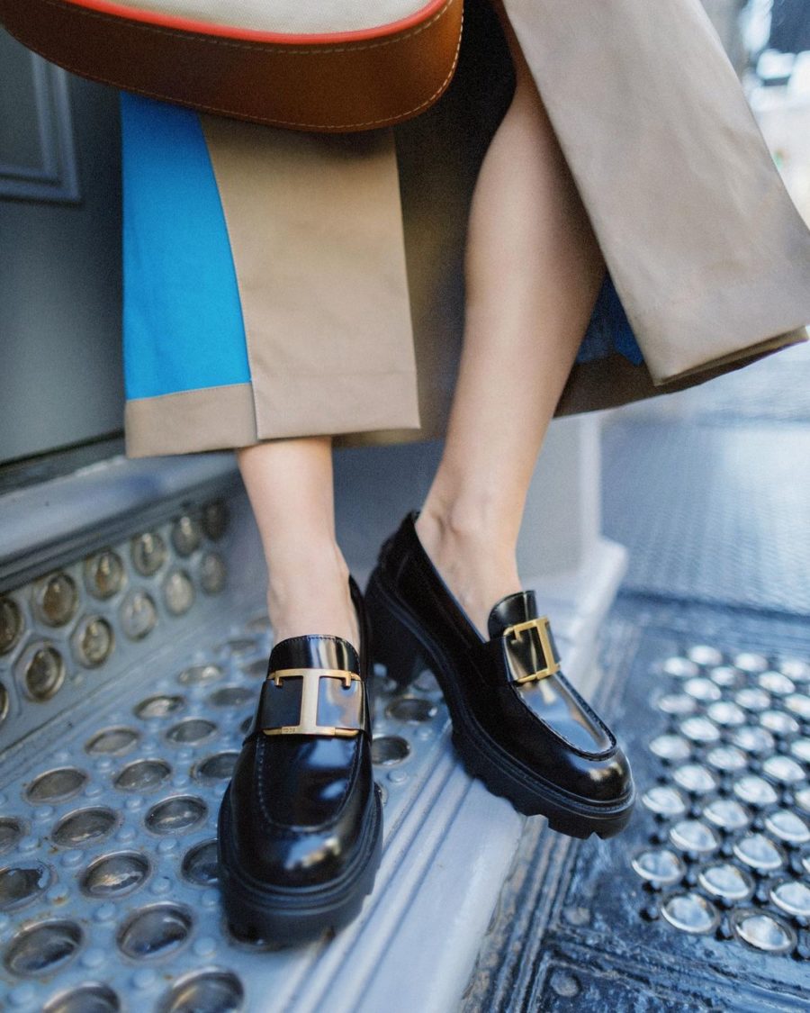 Jessica Wang wearing a two tone midi skirt featuring tod's and tod's loafers // Jessica Wang - Notjessfashion.com