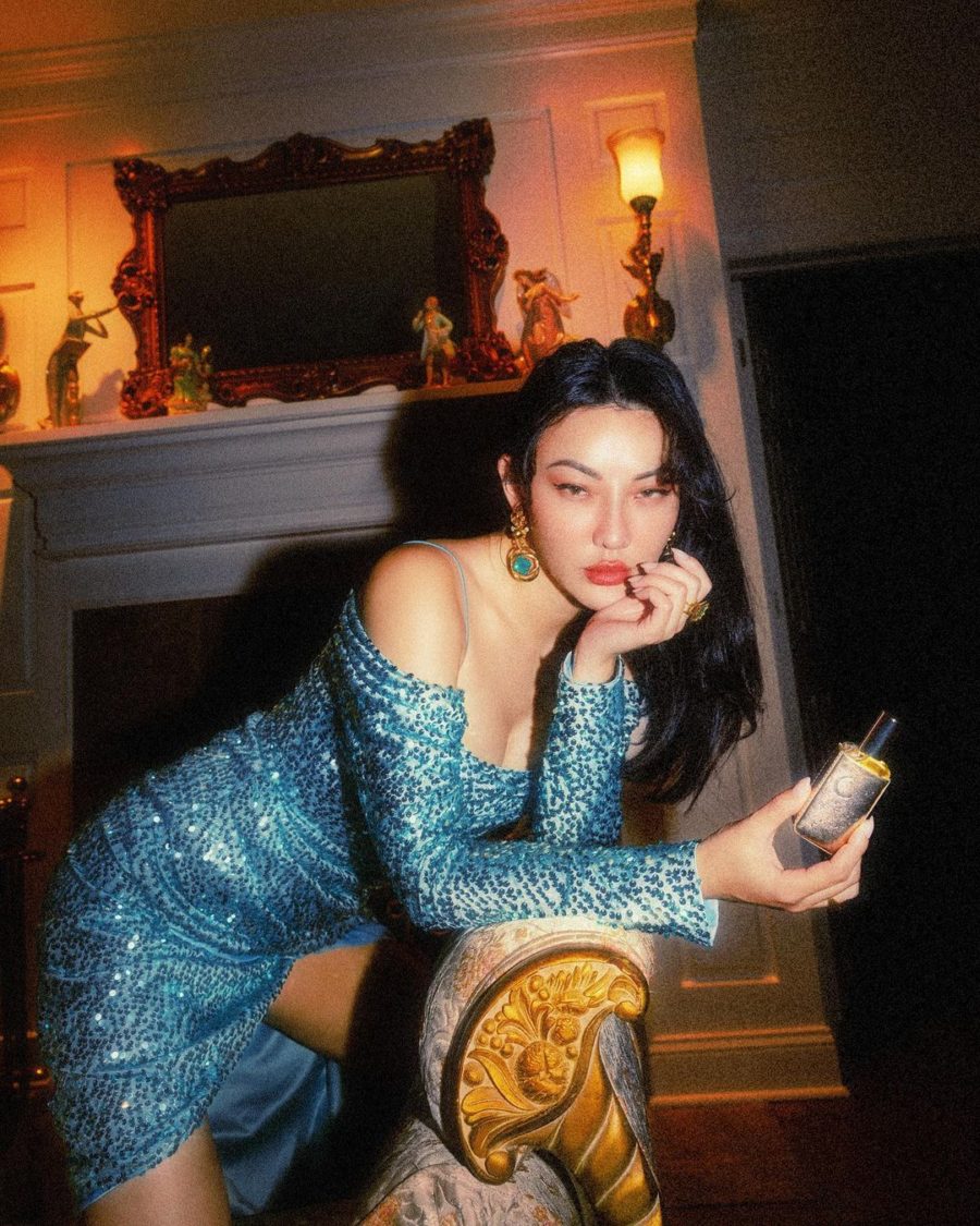 Jessica Wang wearing an off the shoulder blue sequin dress for the holidays // Jessica Wang - Notjessfashion.com