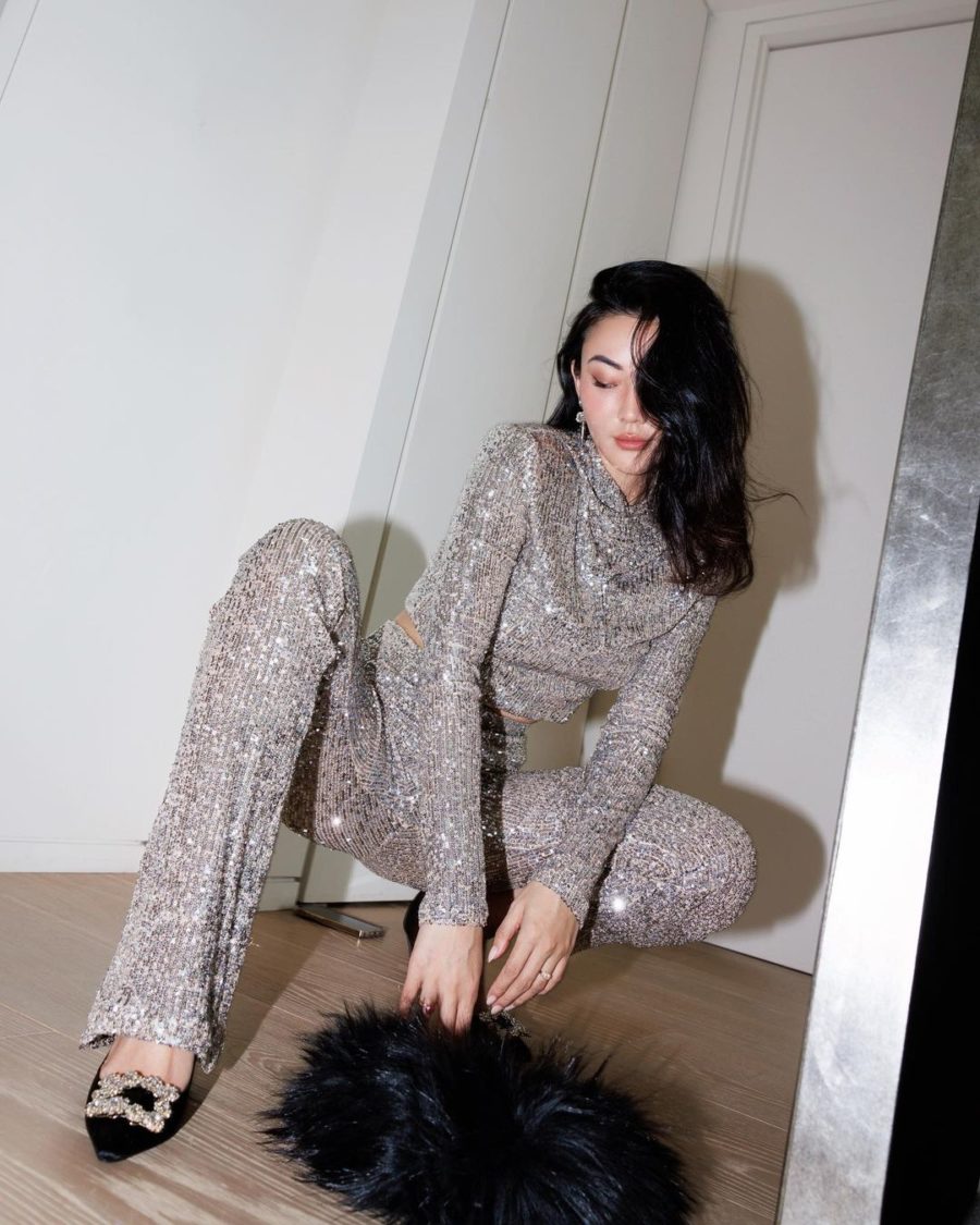 Jessica Wang wearing a sequin top and sequin pants while sharing cute winter outfits // Jessica Wang - Notjessfashion.com