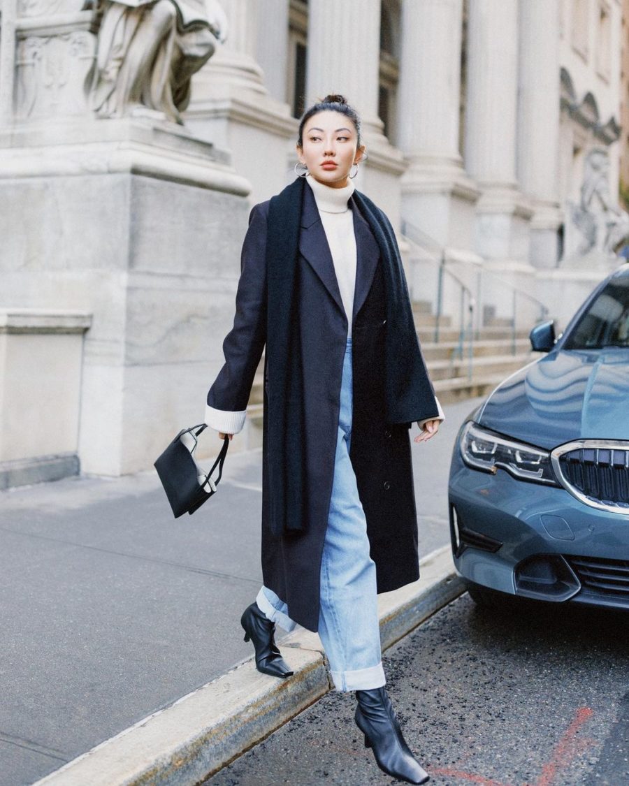 Jessica Wang wearing a double breasted coat with a turtleneck sweater while sharing her last minute gift ideas for holiday // Jessica Wang - Notjessfashion.com