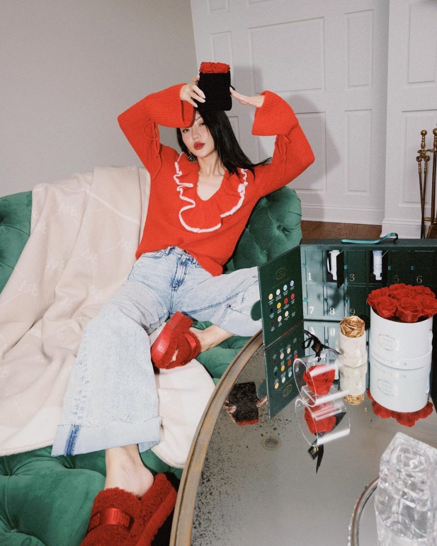 Jessica Wang wearing an orange bell sleeve sweater with denim while sharing her last minute gift ideas for the holidays // Jessica Wang - Notjessfashion.com