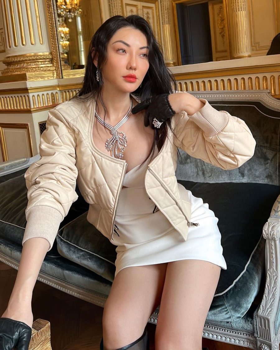 Jessica Wang wearing a quilted bomber jacket with a cut out mini dress while sharing unique Valentine's Day gifts // Jessica Wang - Notjessfashion.com