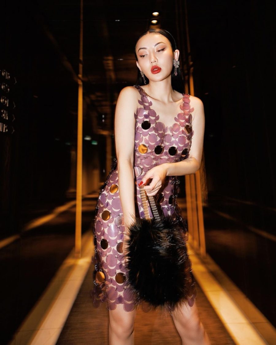 spring summer 2022 trends featuring Jessica Wang wearing a disc mini dress with a feather bag // Jessica Wang - Notjessfashion.com
