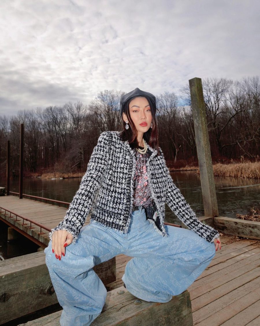 Jessica Wang wearing a tweed jacket with wide leg denim jeans while sharing tips on how to dress up jeans for winter // Jessica Wang - Notjessfashion.com