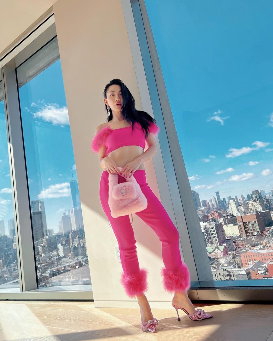 Jessica Wang wearing fashion week looks featuring a pink faux fur bralette and matching leggings // Jessica Wang - Notjessfashion.com