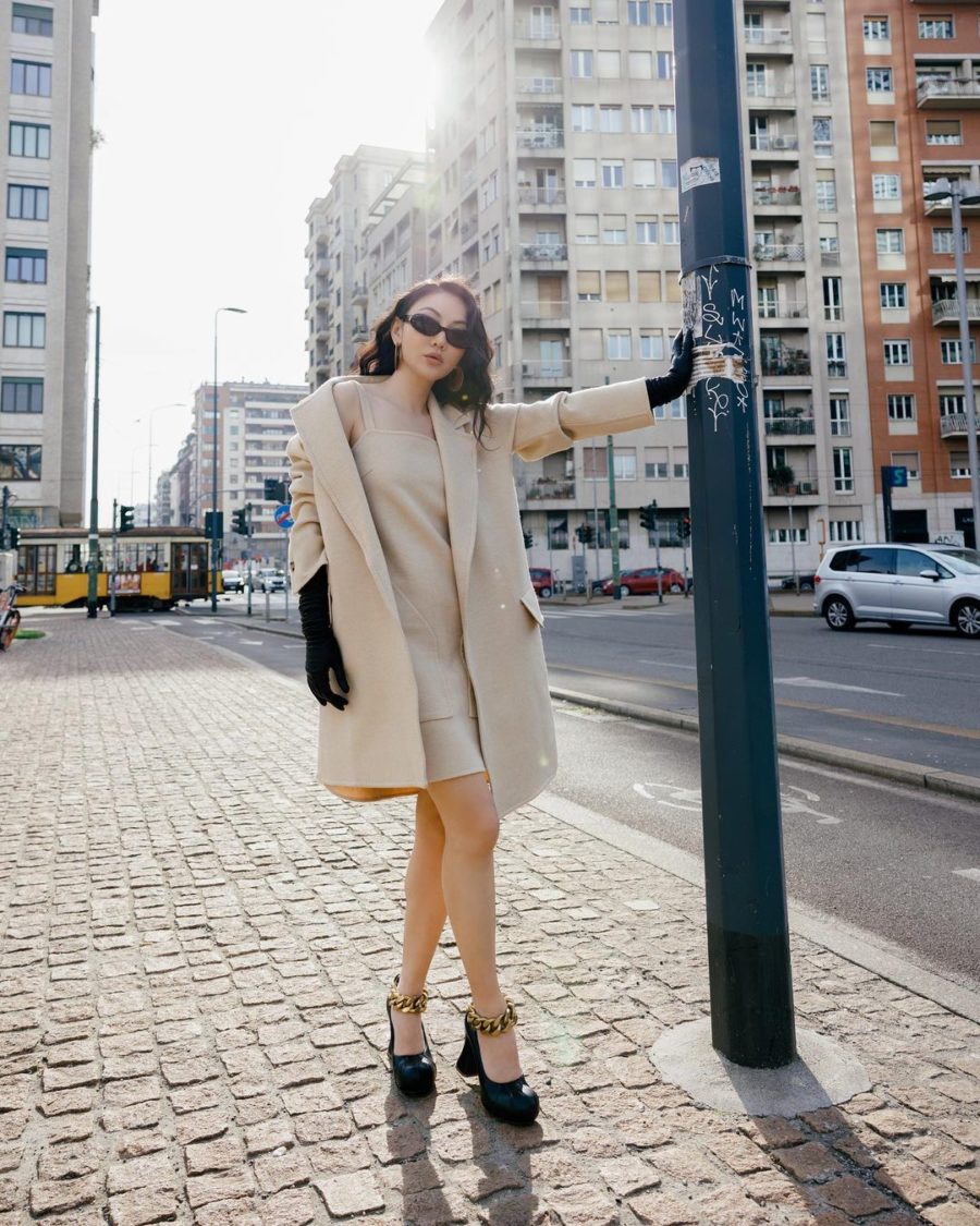 Jessica Wang wearing a neutral outfit with platform shoes at fashion week // Jessica Wang - Notjessfashion.com